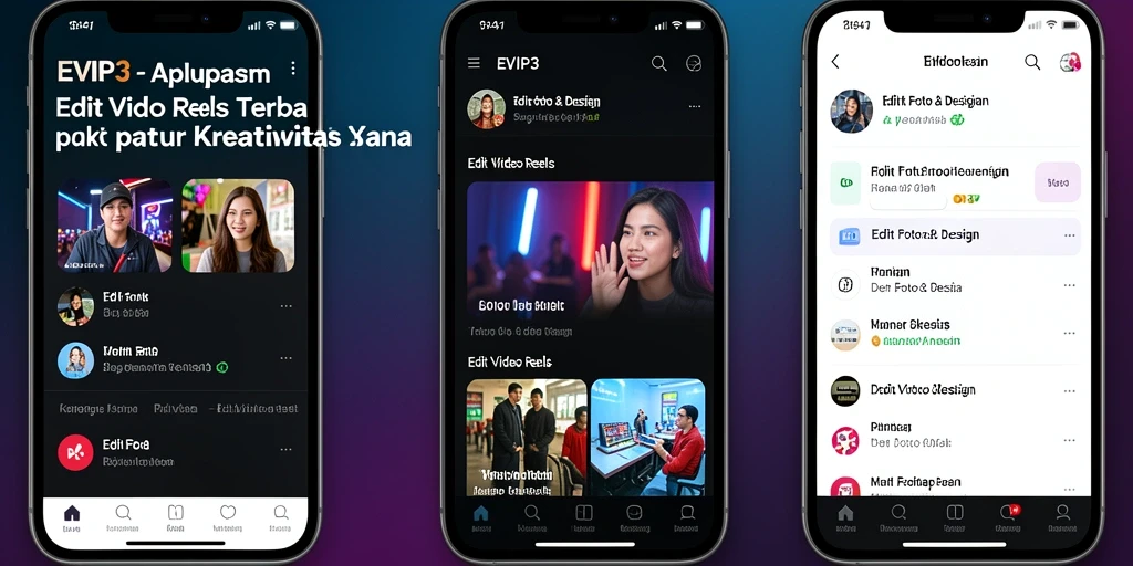 Tampilan antarmuka EVIP3 untuk editing video reels yang mudah digunakan.