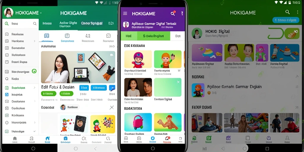 Antarmuka HOKIGAME menampilkan alat desain dan gambar yang lengkap.